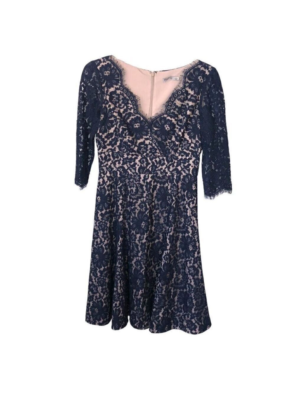 Eliza J Fit & Flare Dress Scallop V-Neck Crossover Blue Lace Overlay Lined  SZ 4